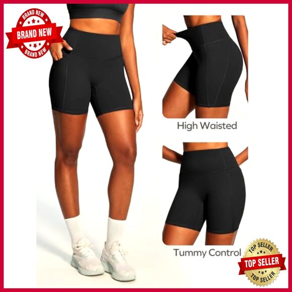 High Waisted Tummy Control Bike Shorts with Pockets for Workouts - Picture 3 of 6